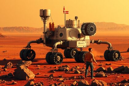 Mars rover on the Martian surface during sunset