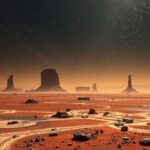 Mars felszíni táj, csillagokkal a háttérben, vörös sziklaformációkkal.