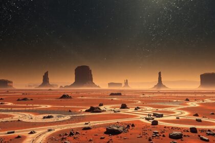 Mars felszíni táj, csillagokkal a háttérben, vörös sziklaformációkkal.