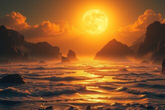 Napfelkelte a Vénusz hasonló környezetben, víz és sziklák között.