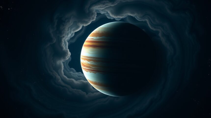 Jupiter bolygó űrlátvány a gyűrűivel és felhőivel.