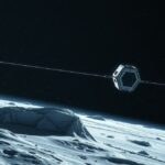 Űrszonda az Europa hold felszínén, Jupiter mögött.