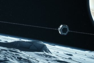 Űrszonda az Europa hold felszínén, Jupiter mögött.