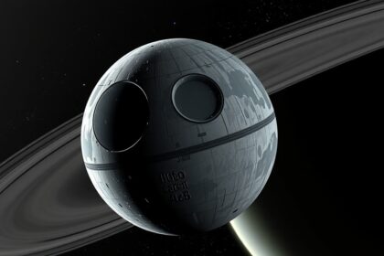 A Mimas hold, a Halálcsillaghoz hasonló jellegzetes formával.