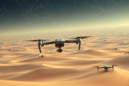 Dragonfly drón repül a Titán dűnéi felett, geológiai kutatás céljából.