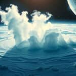 Enceladus gejzírjei ábrázolása vízgőz és jégkibocsátással az űrben.