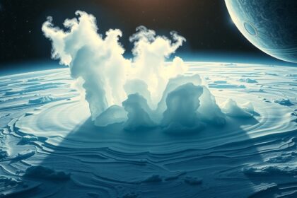 Enceladus gejzírjei ábrázolása vízgőz és jégkibocsátással az űrben.