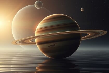 A Szaturnusz bolygó látványa, gyűrűivel és más bolygókkal a háttérben.