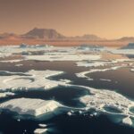 A Mars sarki jégsapkáival és felszín alatti tavakkal borított táj látképe.