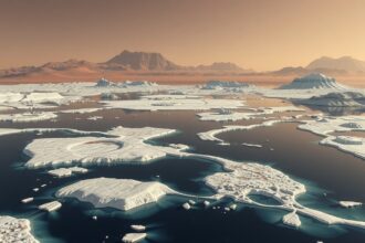 A Mars sarki jégsapkáival és felszín alatti tavakkal borított táj látképe.