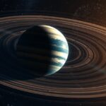 Bolygó gyűrűkkel a Nap körüli pályán, asztrofizikai kontextusban.
