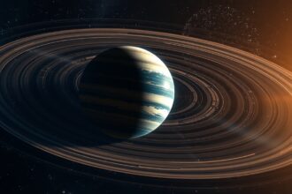 Bolygó gyűrűkkel a Nap körüli pályán, asztrofizikai kontextusban.