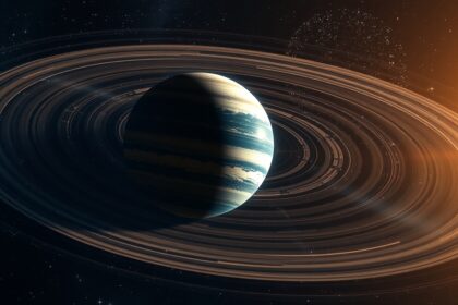 Bolygó gyűrűkkel a Nap körüli pályán, asztrofizikai kontextusban.