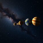 Bolygók retrográd mozgása az űrben, csillagokkal a háttérben.