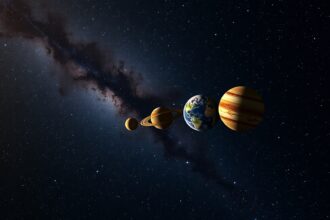 Bolygók retrográd mozgása az űrben, csillagokkal a háttérben.