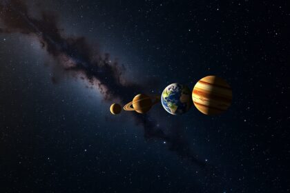 Bolygók retrográd mozgása az űrben, csillagokkal a háttérben.