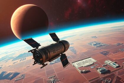 Űrhajó a Marson, bolygókkal a háttérben