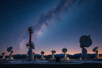 Távcsövek az éjszakai csillagok alatt interferometria technológiával.