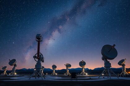 Távcsövek az éjszakai csillagok alatt interferometria technológiával.