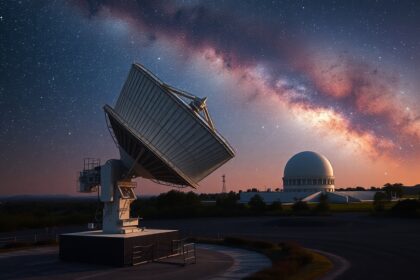 Rádiótávcső az éjszakai égbolt alatt, Arecibo emlékére.