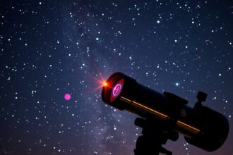 Lencsés távcső a csillagos égen, éles kép megfigyelésére