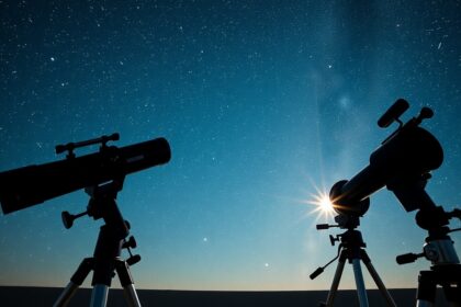 Két távcső az éjszakai ég alatt, csillagokkal a háttérben.