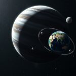 Jupiter és Föld látképe az űrben, aszteroidák védelmével