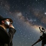 Tycho Brahe csillagász az éjszakai égbolton, ezüst orra és távcsöve alatt.