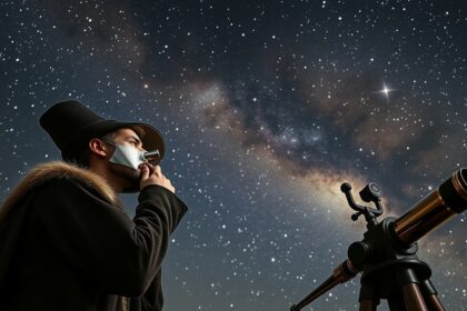 Tycho Brahe csillagász az éjszakai égbolton, ezüst orra és távcsöve alatt.