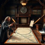 Galileo Galilei a csillagászati méréseket végzi egy régi könyvtárban.