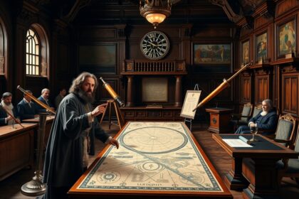 Galileo Galilei a csillagászati méréseket végzi egy régi könyvtárban.