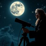 Férfi távcsövet használ a csillagok megfigyelésére éjszaka.