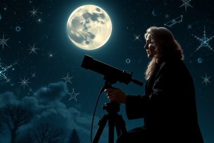 Férfi távcsövet használ a csillagok megfigyelésére éjszaka.