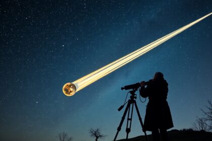 Csillagász Halley üstököse megfigyelése távcsővel.