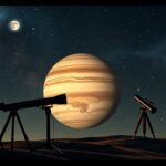 Távcsövek a Jupiter és a Holdak képe előtt, csillagászati táj.