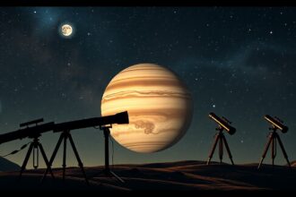 Távcsövek a Jupiter és a Holdak képe előtt, csillagászati táj.