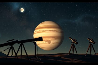Távcsövek a Jupiter és a Holdak képe előtt, csillagászati táj.