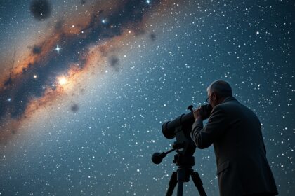Csillagász távcsővel figyeli a Tejútrendszert és más galaxisokat.
