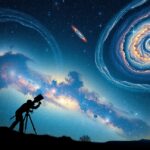 Egy csillagász egy távcsővel nézi a kozmoszt és a galaxisokat.