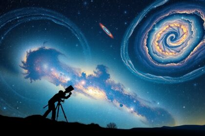 Egy csillagász egy távcsővel nézi a kozmoszt és a galaxisokat.