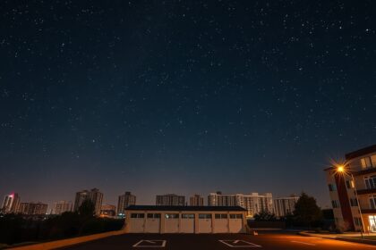 Csillagos égbolt a város felett, modern épületekkel