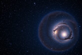 Szűz (Virgo) galaxis spirálformájú képe a csillagos égen.