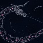 Hydra csillagkép az égbolton, kígyószerű vonallal és csillagokkal.