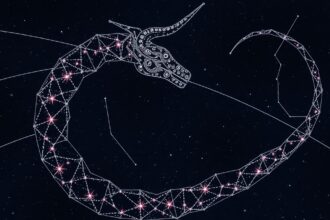 Hydra csillagkép az égbolton, kígyószerű vonallal és csillagokkal.