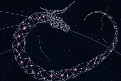 Hydra csillagkép az égbolton, kígyószerű vonallal és csillagokkal.