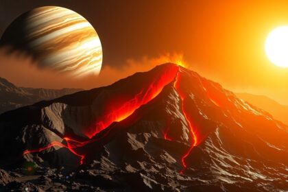 Io vulkánjai és Jupiter bolygó háttérben