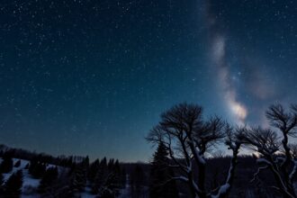 Téli égbolt Orion csillagképével és a csillagok ragyogásával