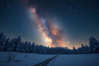 Téli éjszaka csillagokkal és havas tájjal.