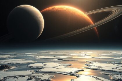 Titán hold tája a Szaturnusz és gyűrűje mellett, folyékony tavakkal