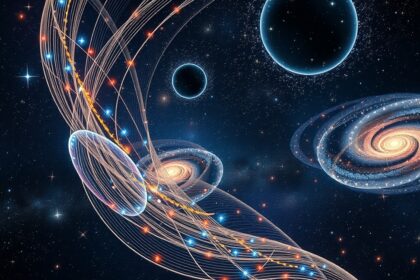 A húrelmélet dimenzióit bemutató kép galaxisokkal.